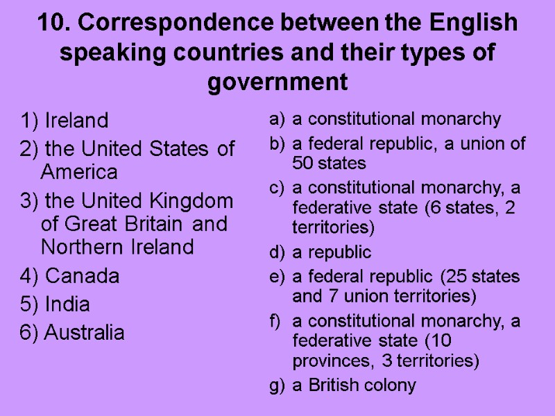 10. Correspondence between the English speaking countries and their types of government 1) Ireland